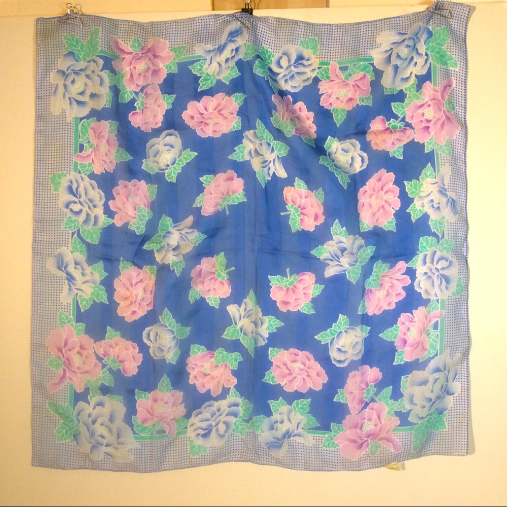 Silken by Berkshire Blue Pink Floral Square Scarf